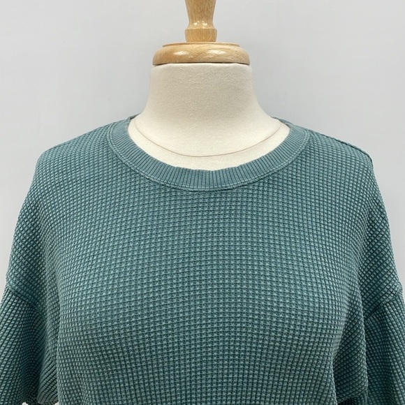 Aerie Offline Ribbed Knit Short Sleeve Crewneck Crop Shirt Teal Small - Picture 2 of 7